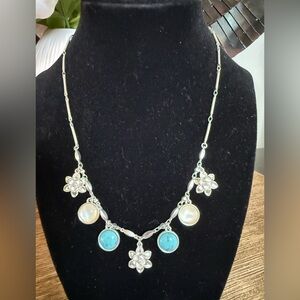 Lucky Brand Silver Floral Necklace with Turquoise and Pearl Tones never worn